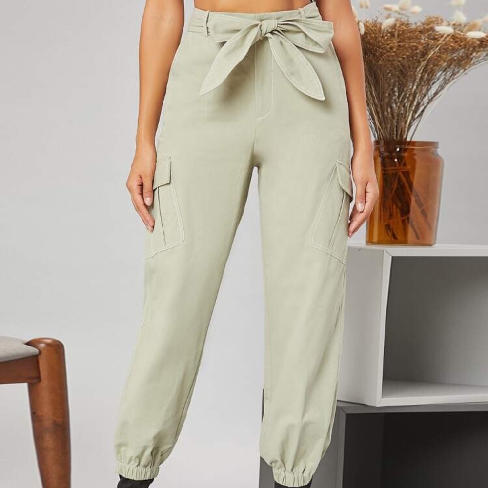 Light green cargo pants with bow & pockets